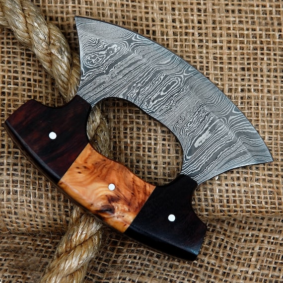 Handmade Damascus Ulu Knife.Alaskan Mezzaluna Ulu Knife, Salad Veggies Rocker Chopper Slicer Cutter.Anniversary Birthday Christmas Gift