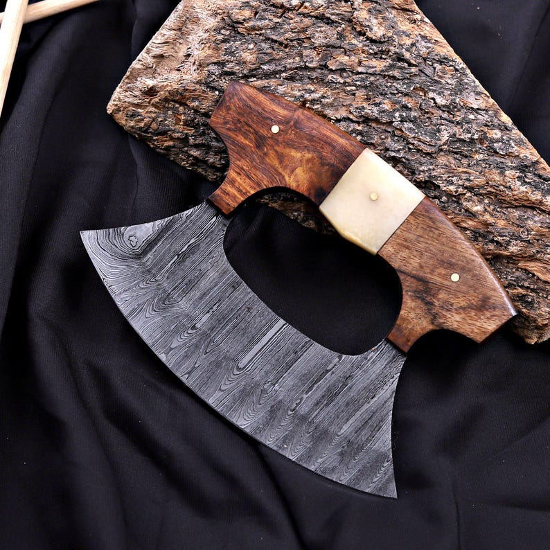 Handmade Damascus Ulu Knife.Alaskan Mezzaluna Ulu Knife, Salad Veggies Rocker Chopper Slicer Cutter.Anniversary Birthday Christmas Gift Bone And Wood