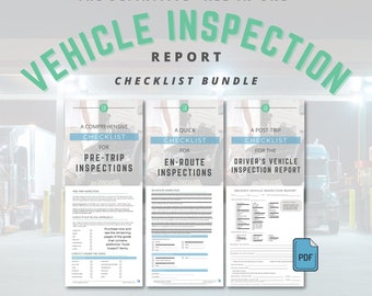 May include: A checklist bundle for vehicle inspections. The bundle includes three checklists: a comprehensive checklist for pre-trip inspections, a quick checklist for en-route inspections, and a post-trip checklist for the driver's vehicle inspection report.