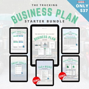 May include: A digital business plan starter bundle for the trucking industry. The bundle includes a business plan guide, SWOT analysis template, smart goals template, business structure guide, business budget template, and a glossary.