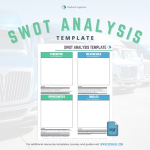 May include: A blue and white SWOT analysis template with a green and white border. The template is divided into four sections: Strengths, Weaknesses, Opportunities, and Threats. The template is overlaid on a photo of a semi-truck.