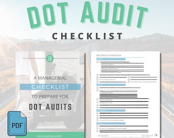 Może przedstawiać: Zielona i biała lista kontrolna zatytułowana "DOT Audit Checklist" z listą kontrolną dla menedżerów, aby przygotować się do audytów DOT. Lista kontrolna zawiera listę dokumentów, które należy przechowywać dla kierowców, pojazdów, zgodności i bezpieczeństwa.