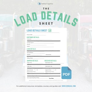 May include: A printable load details sheet with a checklist, sections for customer details, load details, shipper details, and receiver details. The sheet is designed for trucking and logistics businesses.