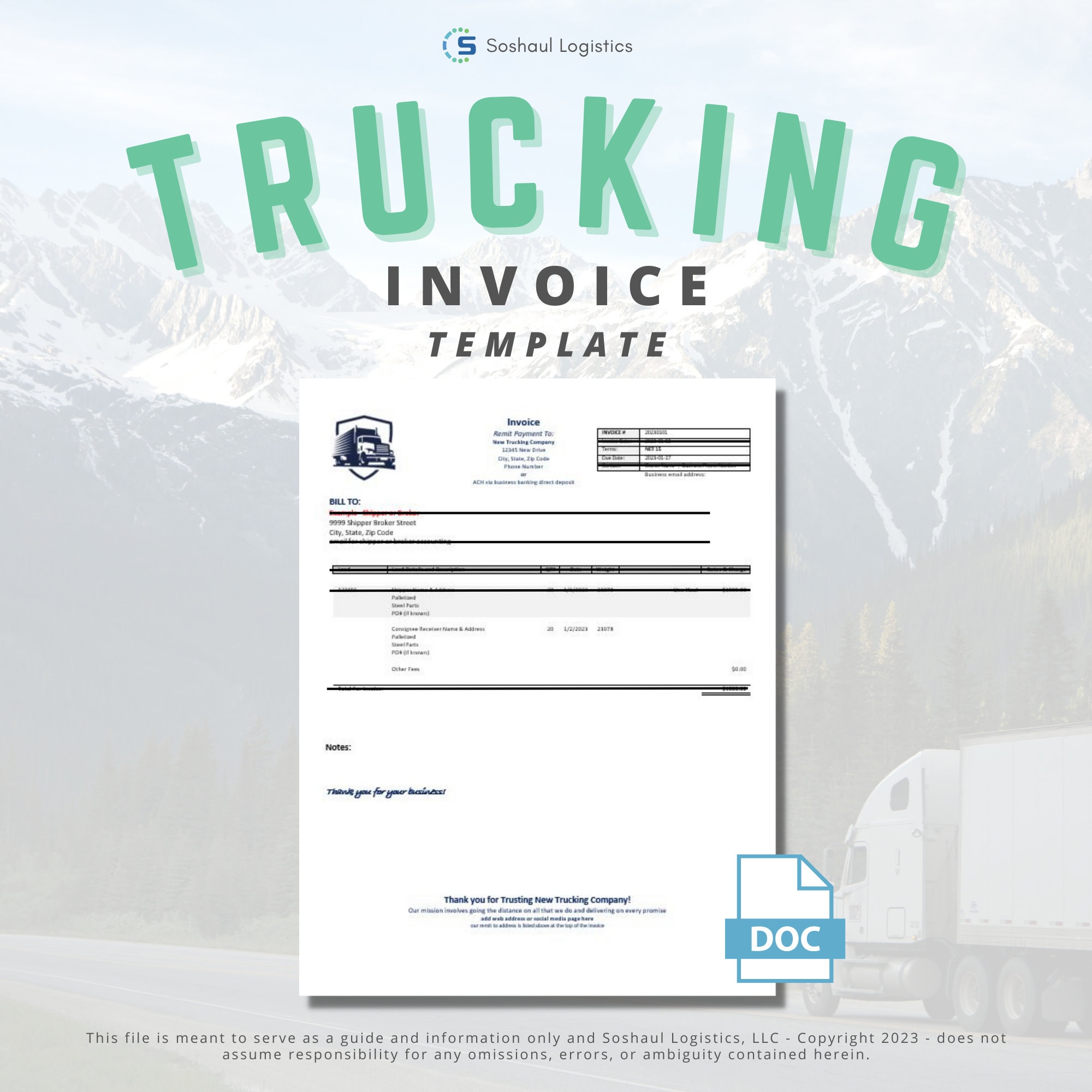 Trucking business invoice template etsy