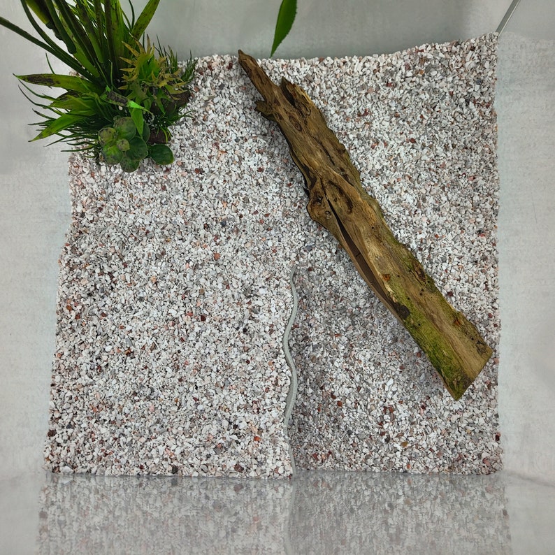 Pu&ograve; includere: Una superficie quadrata e strutturata composta da piccole pietre di colore chiaro, con un pezzo di legno alla deriva e vegetazione artificiale. Il legno alla deriva &egrave; marrone con macchie verdi. La vegetazione comprende foglie e succulente verdi e marroni.