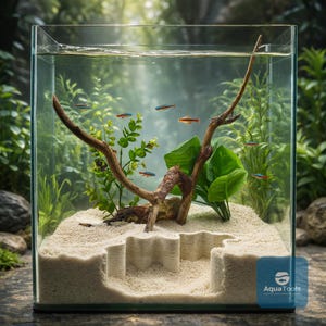 Op de afbeelding: Een helder glazen aquarium met een zandig substraat en decoratief drijfhout. Kleine, kleurrijke vissen zwemmen tussen de planten. De tank heeft een uniek, trapsgewijs zandontwerp en is gevuld met water. De achtergrond is een weelderige groene omgeving.