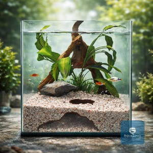 Può includere: Un acquario rettangolare in vetro con una scena subacquea naturalistica. Presenta un substrato di ghiaia di colore chiaro, un grande pezzo di legno galleggiante, piante vive e piccoli pesci colorati. La vasca è riempita di acqua limpida.