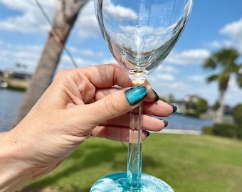 Ocean Resin Wine Glass, Handmade Custom Coastal Art, Made-to-Order Beach Gift, Optional Personalization with Vinyl or Glass Etching