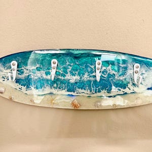 Resin Surfboard Towel Rack: Ocean Wave Beach Decor with Shells