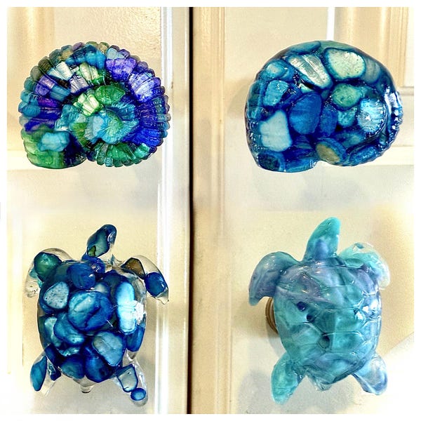 Coastal Seashell Cabinet Knob: Crushed Blue Shells, Resin Drawer Pull Hardware