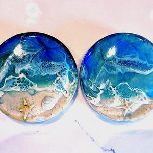 Resin Ocean Wave Coasters: Sand and Shells, Coastal Decor, Set of two