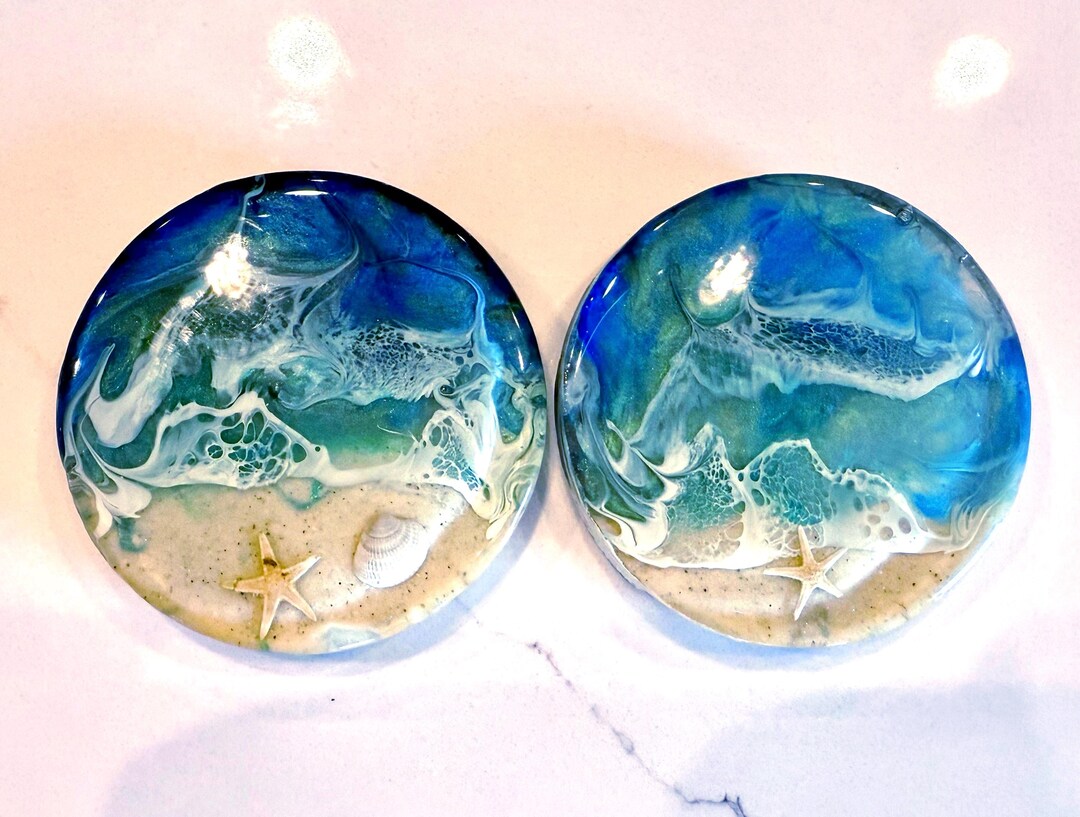Resin Ocean Wave With Sand and Shells Coasters, Set of Two, Custom ...
