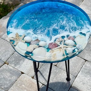 Resin Ocean Wave Accent Table: Coastal Decor with Local Florida Shells and Seaglass