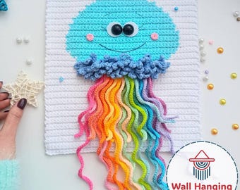 Patrón de crochet para colgar en la pared con medusas: decoración infantil con tentáculos de arcoíris (patrón en PDF)