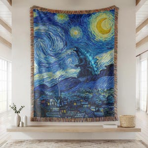 Kaiju Starry Night Woven Blanket, Japanese Kaiju Throw Blanket, Museum Inspired Wall Tapestry, Gothic Home Decor Gift