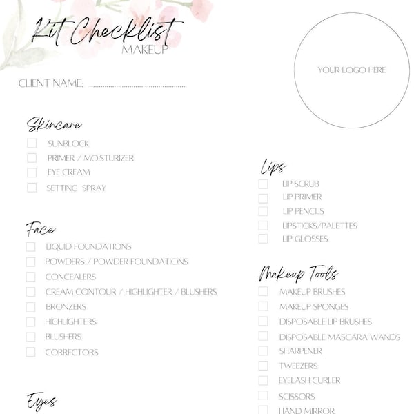 Makeup Artist, Kit Checklist, Blank, Stock Sheets, Printable Make up Kit Stock Sheets, Digital Makeup Kit Checklist Printable, Download