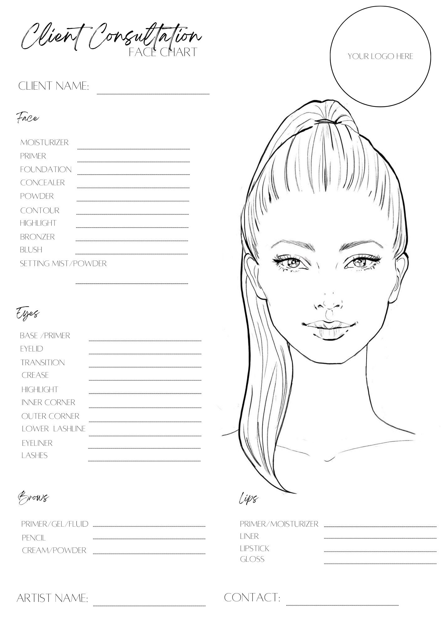 Makeup Face Chart, Face Chart Practice Sheets, Printable