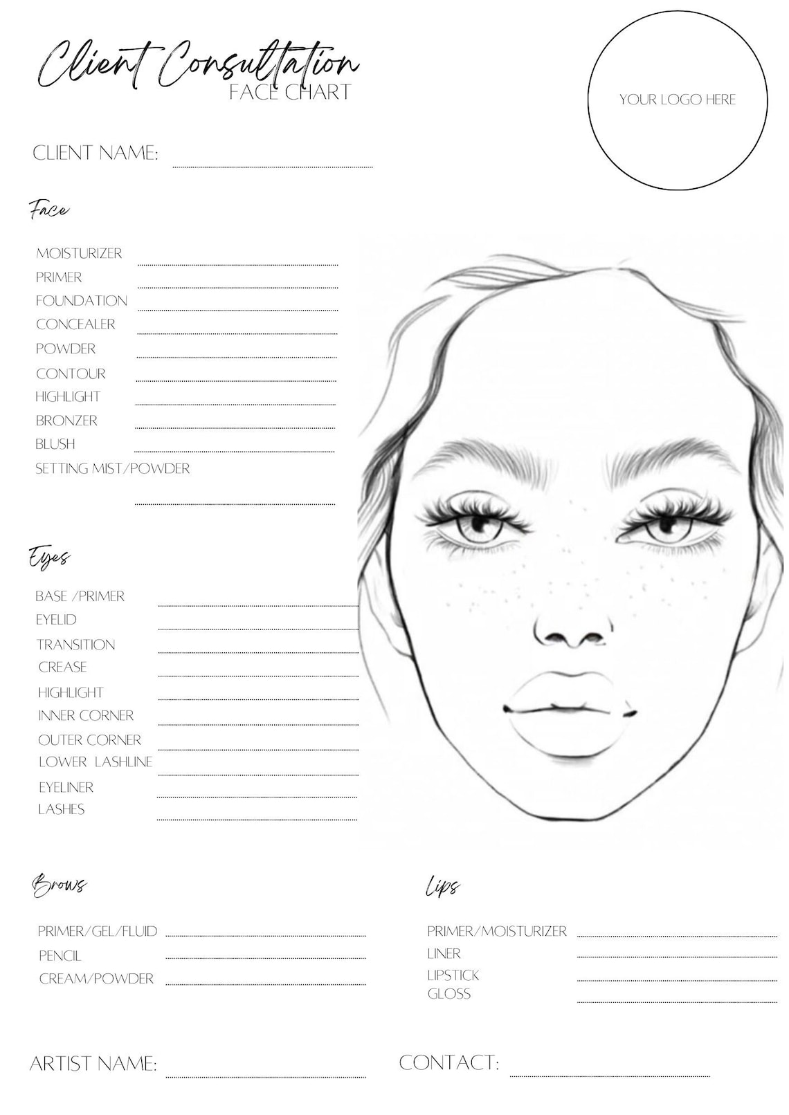Makeup Face Chart, Face Chart Practice Sheets, Printable Make up
