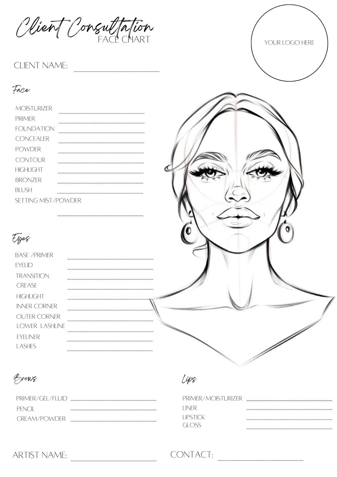 Makeup Face Chart, Face Chart Practice Sheets, Printable Make up