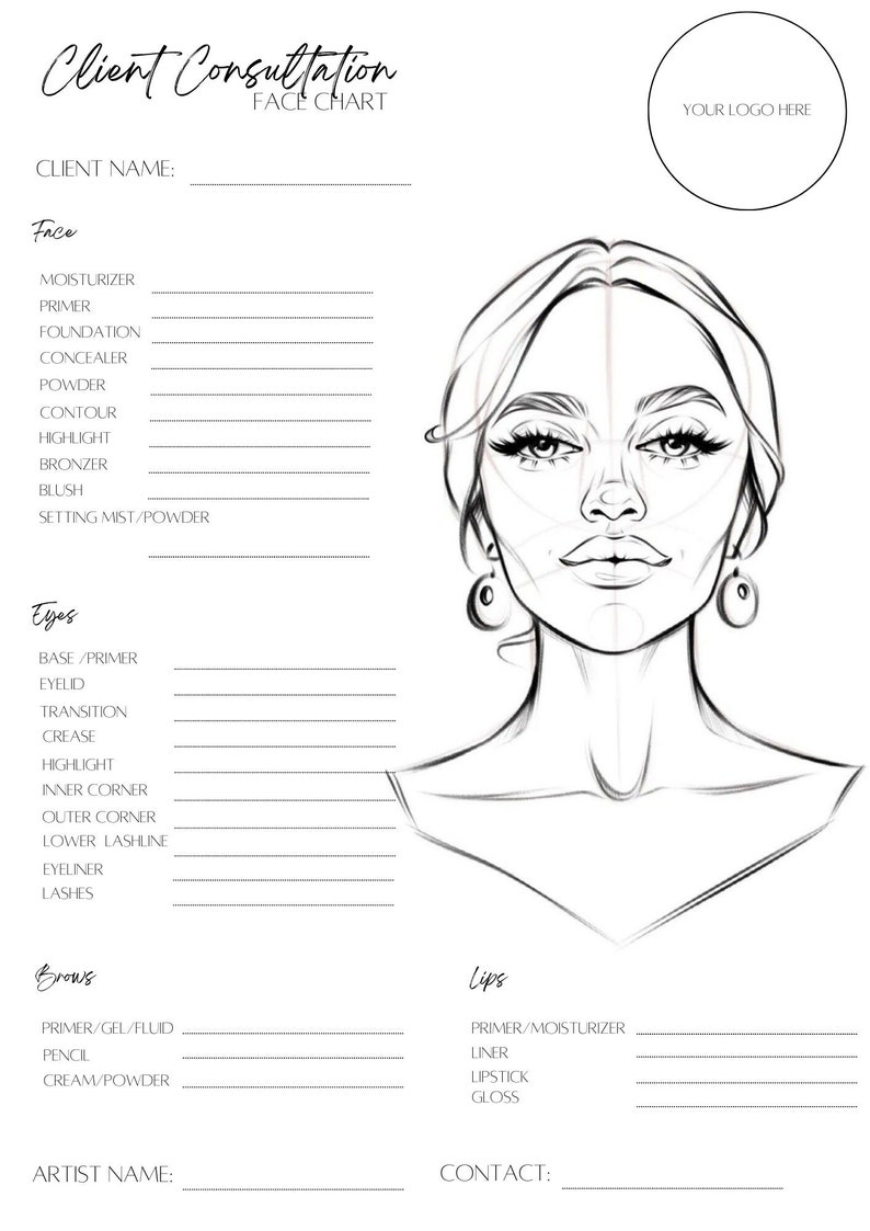 Makeup Face Chart, Face Chart Practice Sheets, Printable Make up