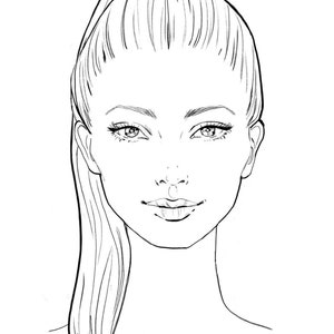 Puede incluir: Dibujo de línea de la cara de una mujer con una coleta alta. La mujer tiene el pelo largo y liso, una expresión neutral y mira directamente al espectador.