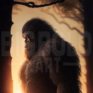 May include: A large, hairy, humanoid creature stands in a forest at sunset. The creature is facing away from the viewer and is partially obscured by a tree trunk. The creature's fur is brown and appears to be very thick. The background is a blurry orange and yellow sunset.