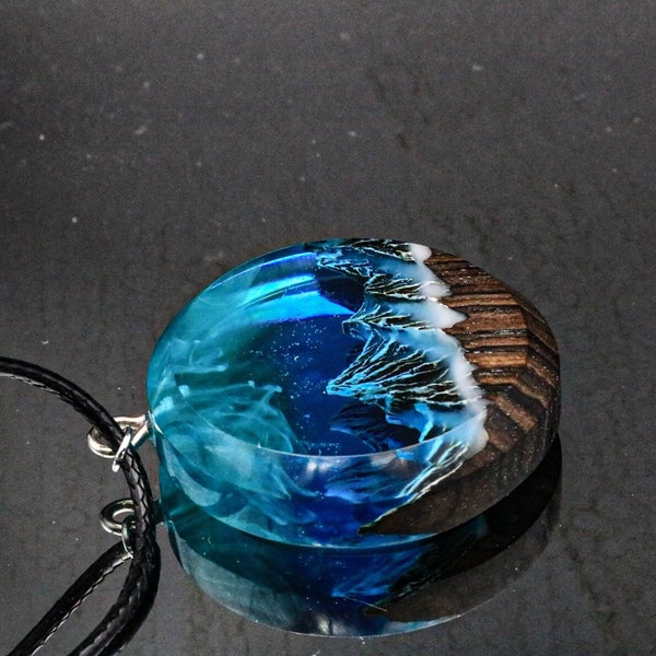 Wood resin jewelry Aurora borealis Wood resin necklace  Resin wood pendant Gift for Her Birthday gift