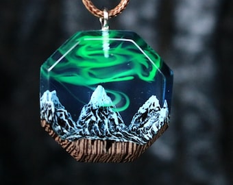 Wood resin jewelry Aurora borealis Wood resin necklace  Resin wood pendant Gift for Her Birthday gift