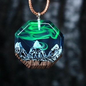 Wood resin jewelry Aurora borealis Wood resin necklace  Resin wood pendant Gift for Her Birthday gift