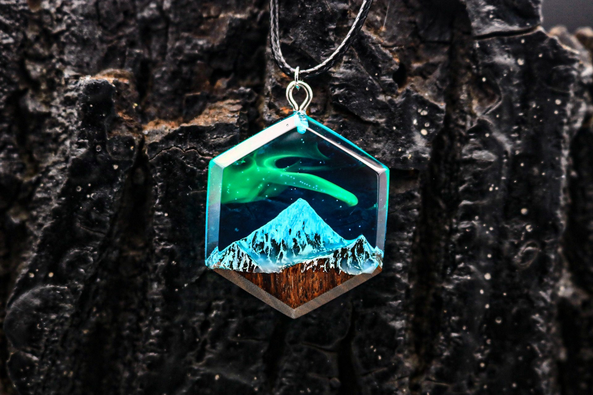 Wood resin jewelry Aurora borealis Wood resin necklace  Resin wood pendant Gift for Her Birthday gift