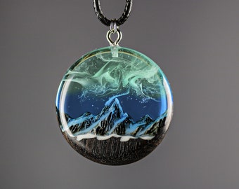 Wood resin jewelry Aurora borealis Wood resin necklace  Resin wood pendant Gift for Her Birthday gift gift for girlfriend gift for boyfriend