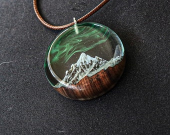 wood resin aurora borealis wood resin jewelry Northern lights Wood resin pendant glow in the dark gift for birthday present
