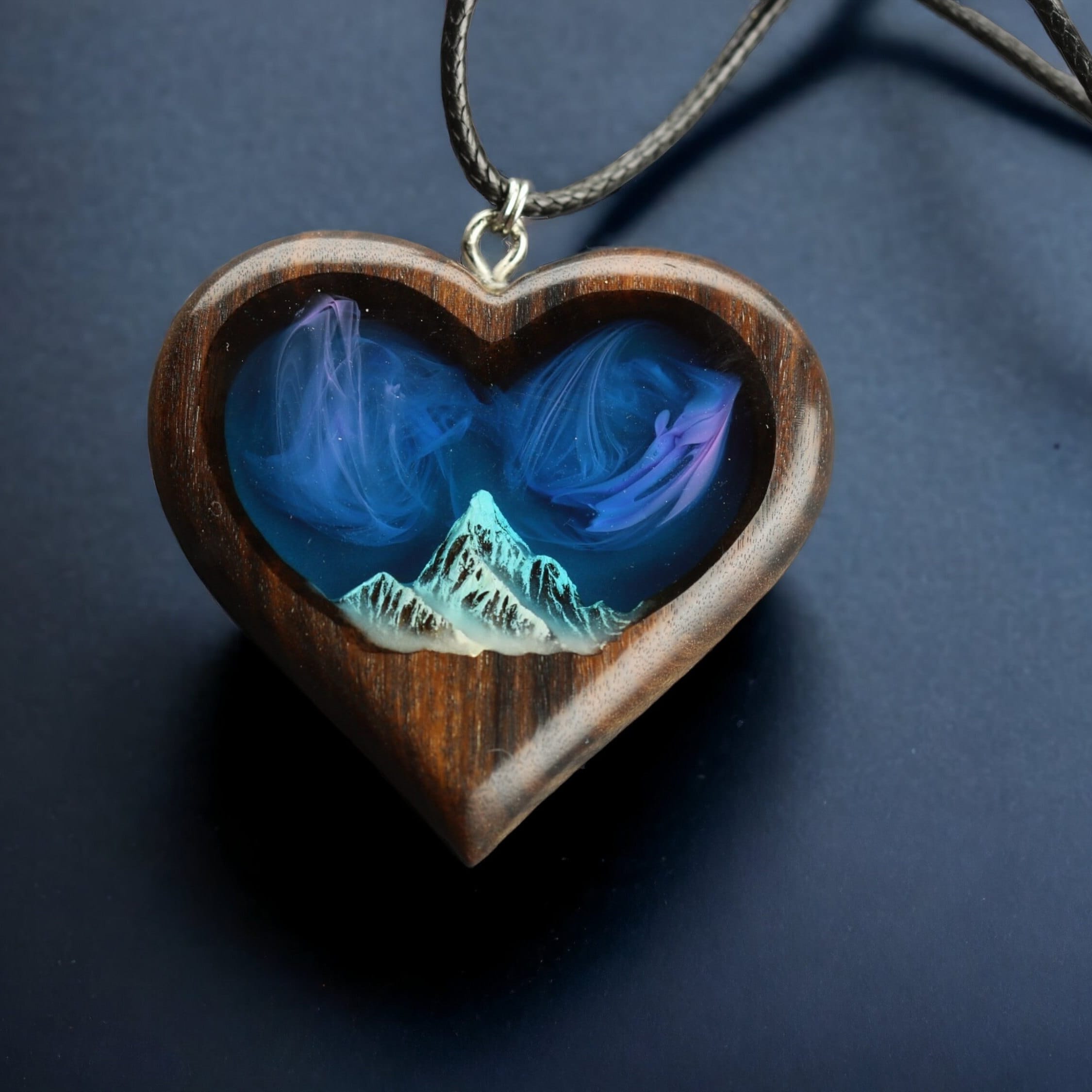 Wood resin jewelry Aurora borealis heart necklace Wood resin necklace  Resin wood pendant Gift for Her Birthday gift  anniversary gift