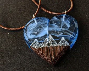 couple necklace Wood resin jewelry Aurora borealis Resin wood necklace for Birthday Gift  wood with snowy mountains inside glows in the dark