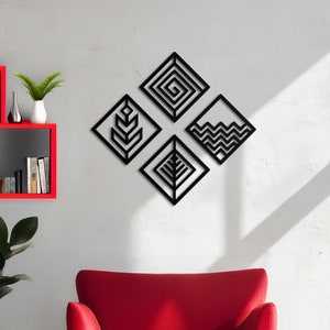 Geometric Pattern Modern Metal Wall Art, Abstract Square Shape Wall Decor, Black Metal Design,Geometric Shape Metal Wall Art Set,Black Decor