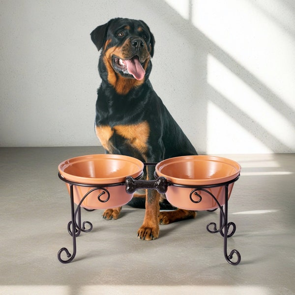 Elevated Dog Bowls, Wrought Iron Stand, Stoneware Food and Water Bowls, Raised Dog Bowls for Medium to Large Dogs