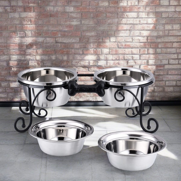 Elevated Dog Bowls, Raised Pet Feeding Station, Double Bowl Stand, Pet Feeder Includes Four Premium Stainless Steel Bowls