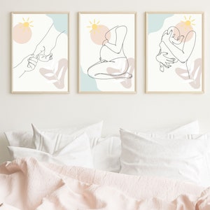 Conjunto de arte de línea familiar de 3, arte de madre y bebé, arte de padre y bebé, regalo del día de las madres, arte del recién nacido, impresión de la guardería, regalo de baby shower, Muttertag