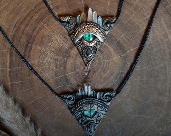 Protective Triangle Eye Pendant with Needle Quartz and Blue Tiger&#39;s Eye Crystals
