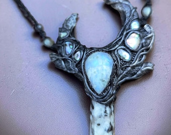 Labradorite Moonstone Necklace | Handmade Moon Pendant |  Witchy Crystal Jewelry