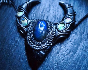 Horned God Necklace - Cernunnos Pagan Pendant with Obsidian & Labradorite