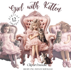 Bundle de cliparts vintage fille avec chaton sur une chaise rose Png Jolie fille avec chat Clipart chambre d'enfant Clipart rétro fille Clipart Junk Journal