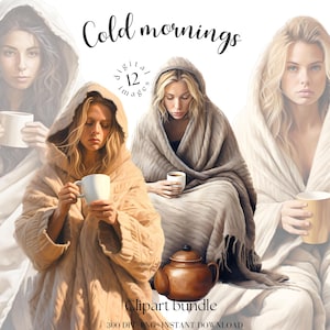Mädchen in Decke mit Kaffee Clipart Mädchen mit Messy Haar Brötchen Clipart Aquarell Clipart Bundle Mädchen Beim Kaffee png Modernes Mädchen Png