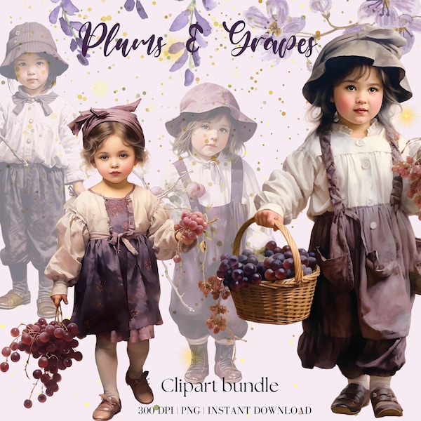 Retro Girl with Plums and Grapes Purple Watercolor Clipart Bundle Little Girl Autumn Cute Girl Commercial Free Fall Png Junk Journal Fashion