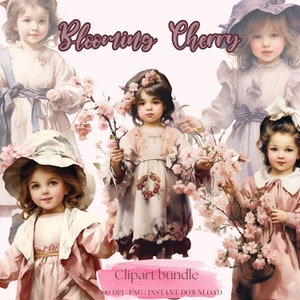 Vintage petite fille avec des fleurs de cerisier Clipart Bundle Junk Journal Kit Ephemera Kit victorienne Scrapbooking carterie Floral numérique