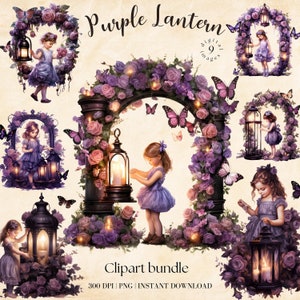 Lantaarn en bloemen aquarel clipart bundel, Victoriaans meisje in de zomer, FSimmer decoraties, lantaarn digitaal beeld, vintage klein meisje
