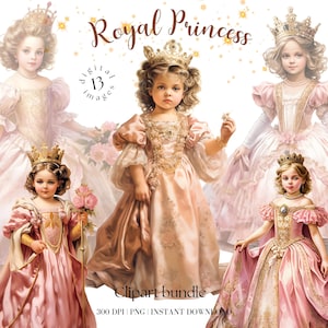Paquete de imágenes prediseñadas de vestido rosa de princesita, imágenes prediseñadas de niña vintage, princesa Png, linda princesa, imágenes prediseñadas de acuarela, imágenes prediseñadas vintage de guardería