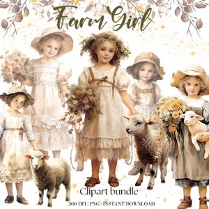 Petite fille en robe blanche vintage avec des moutons et des fleurs séchées Clipart aquarelle jolie fille en robe blanche Fille de la ferme avec des fleurs d'automne