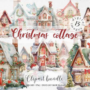 Pacchetto di acquerelli di cottage di Natale, Clipart di casa invernale, Cottage nella neve, Clipart di casa di biscotti, Pacchetto di clipart di acquerelli