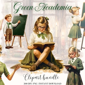 Grüne Academia Aquarell Clipart Bundle, Zurück zur Schule digitaler Download, Lehrer Clipart, Studenten und Lehrer, grüne Schuluniform